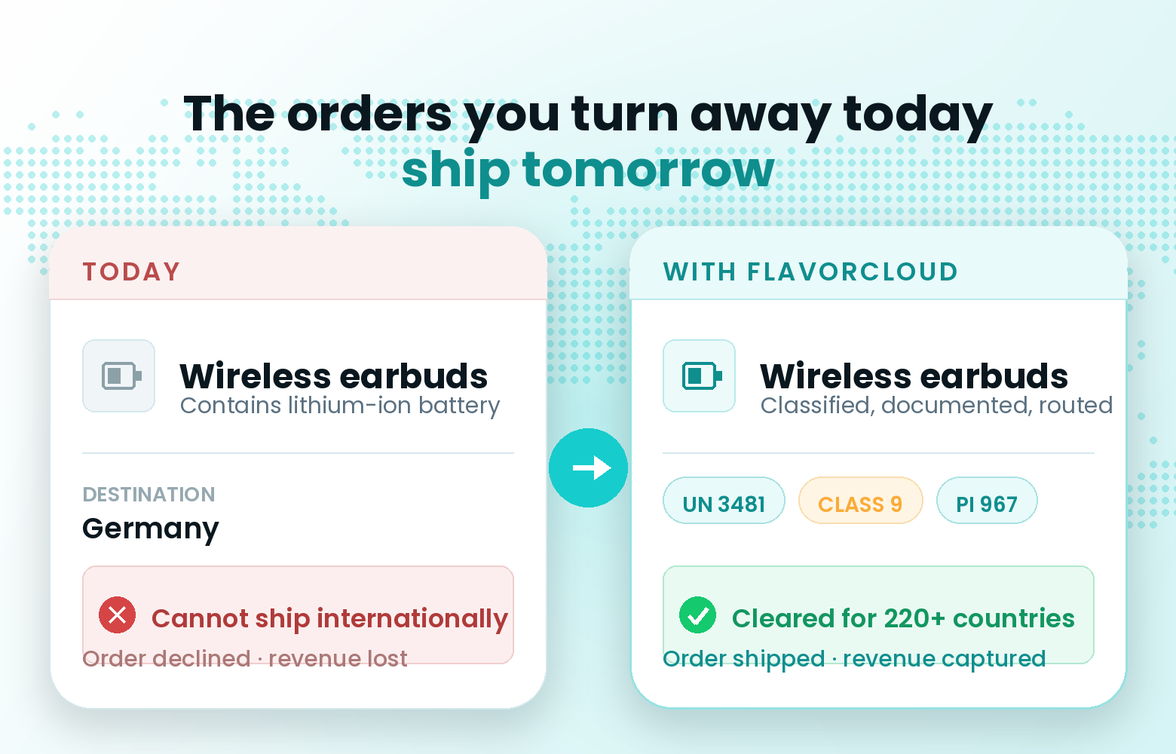 An order blocked for containing a lithium-ion battery, and the same order cleared to ship with FlavorCloud