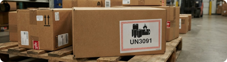 Shipping boxes marked with a UN3091 lithium battery label
