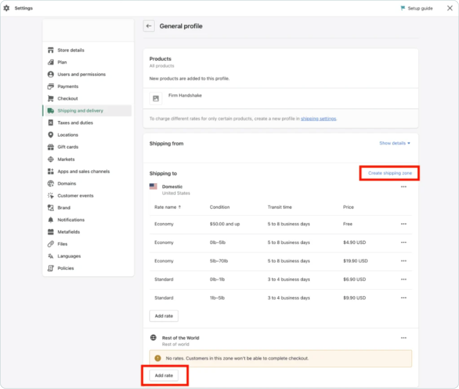 Shopify rate zones with FlavorCloud selected