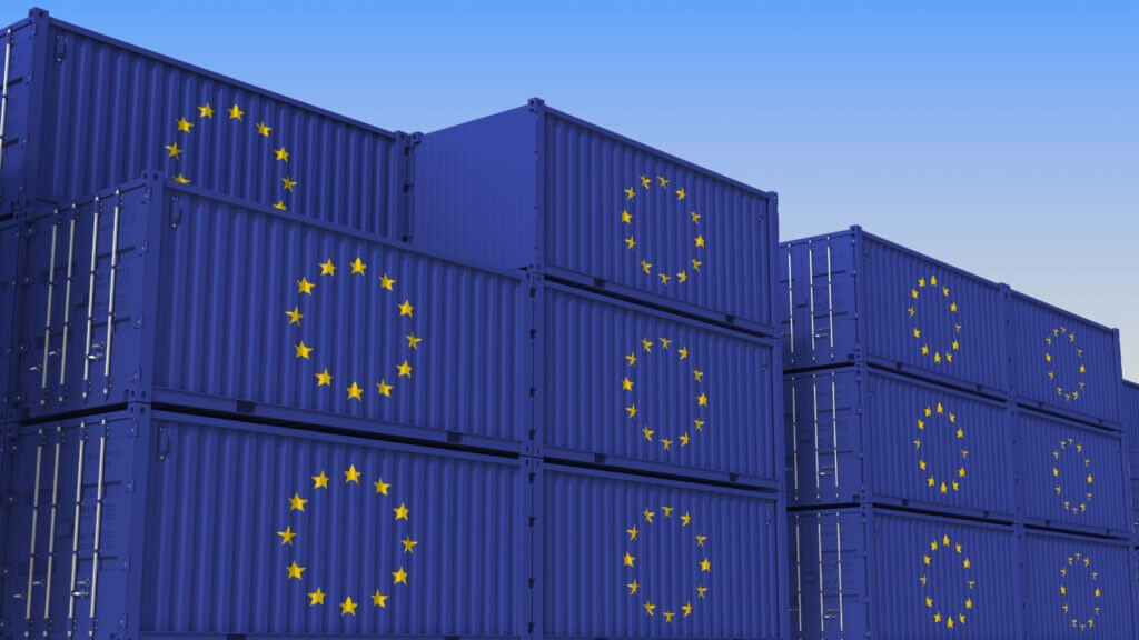 Container,Yard,Full,Of,Containers,With,Flag,Of,The,European