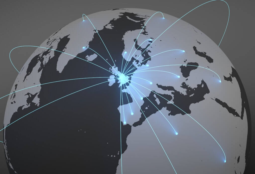 Shipments to the whole world from United Kingdom. Image of the world with illuminated connections. 3D Illustration.