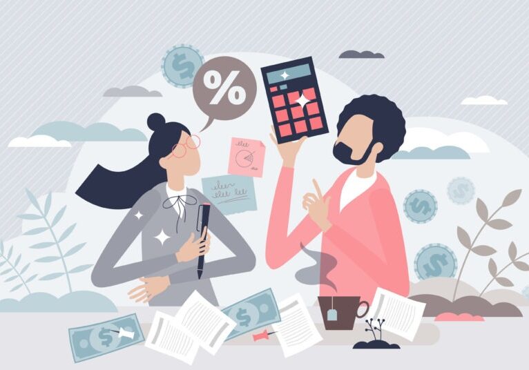 Doing taxes accounting and annual financial paperwork tiny person concept. Money fee calculation and report submit to state revenue service vector illustration. Family budget planning and analysis.