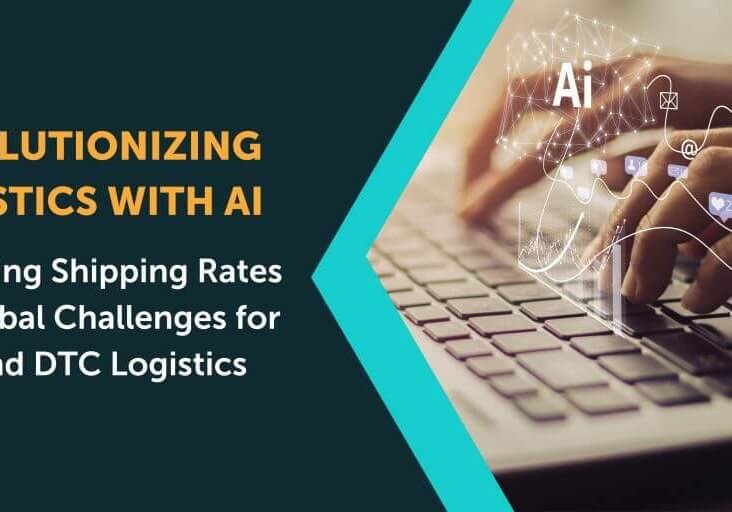A banner with Revolutionizing Logistics With AI: Navigating Shipping Rates and Global Challenges for 3PL and DTC Logistics written on it and a photo of hands typing with graphics that say AI above.