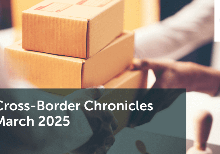 Banner for the march newsletter with an image of packages being handed from one person to another