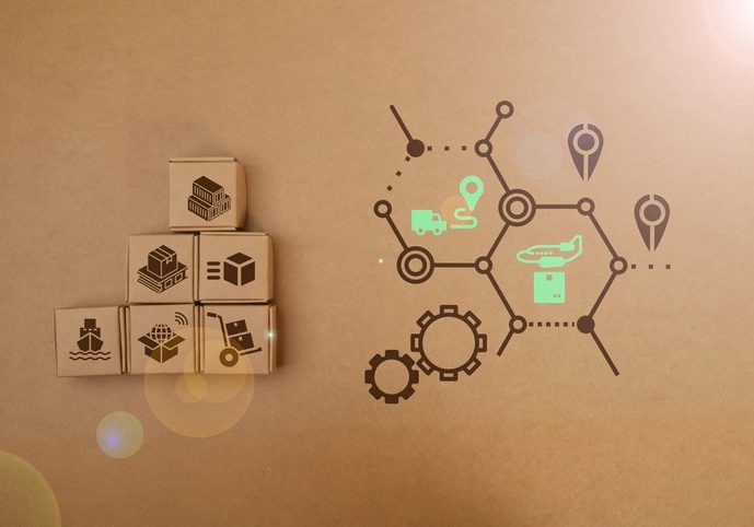 Stack of cardboard boxes and airplane with fast delivery of goods and products . Commodity trading, logistics, air cargo, parcels, airmail, shipping, fast delivery concept.